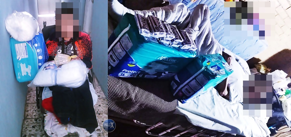 2 fotografias, de una persona en silla de ruedas y otra acostada en su cama, ambas con su dotación de pañales y con el rostro difuminado 