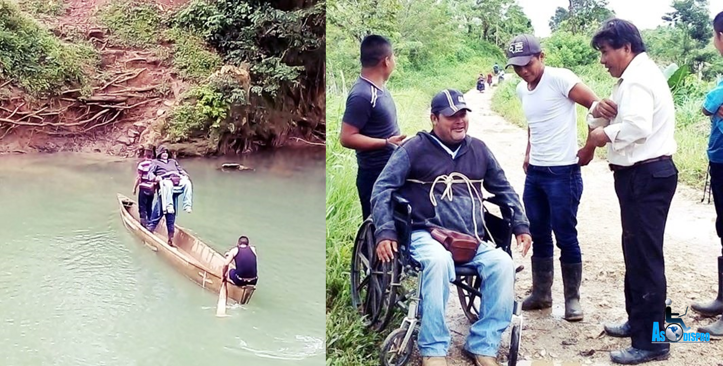 2 fotografías: El señor mollineo cruza un rio en brazos de un hombre sobre un bote, en otra foto, en un camino de tierra, Mollineo conversa con pobladores.