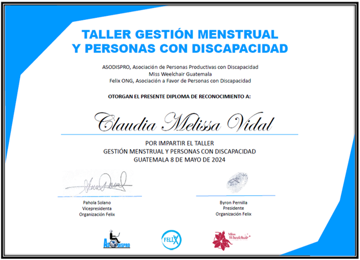 Imagen del diploma por impartir el taller entregado a Claudia Vidal