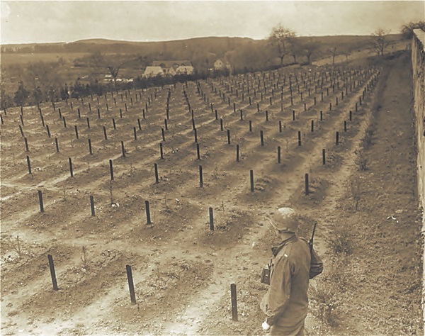 Fotografía en blanco y negro, un soldado parado al borde de un campo extenso de tumbas en la tierra, todas tienen al parecer un pedazo de madera angosto y largo, usado quizá solo como señal de tumba.