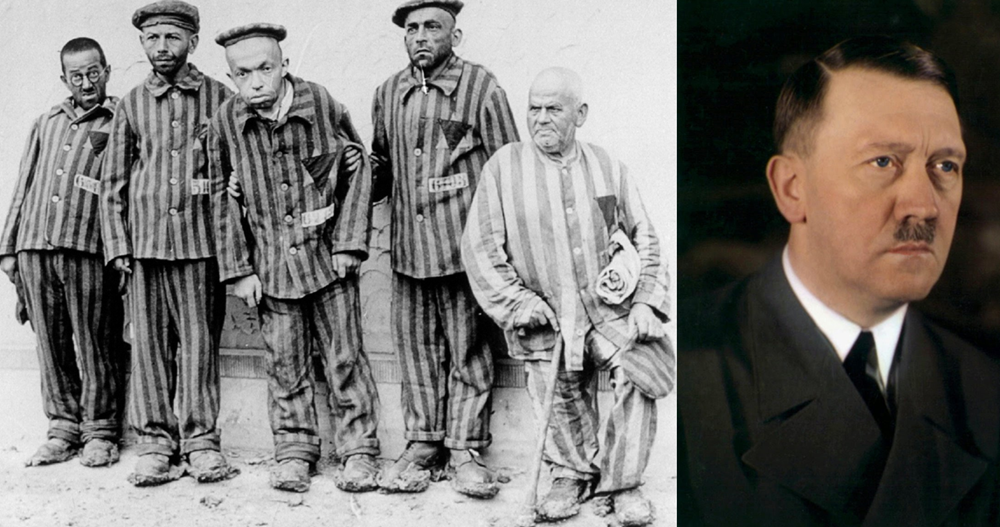 En una primera fotografía en blanco y negro se observan 5 personas con traje de reclusos a rayas, todas tienen evidentes signos de discapacidad. En una segunda fotografía, se ve a Hitler posando en una foto tipo carnet a colores y vestido de saco y corbata.