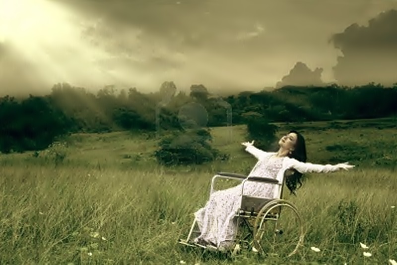 Es una pintura que muestra a una mujer en silla de ruedas, con los brazos extendidos hacia el cielo. Está en una pradera soleada. 