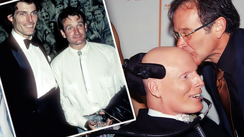 Dos fotografías. En una Chris y Robin durante una entrega de premios, los dos lucen jóvenes. En la otra, Robin besa la cabeza afeitada de Chris quien está en silla de ruedas.