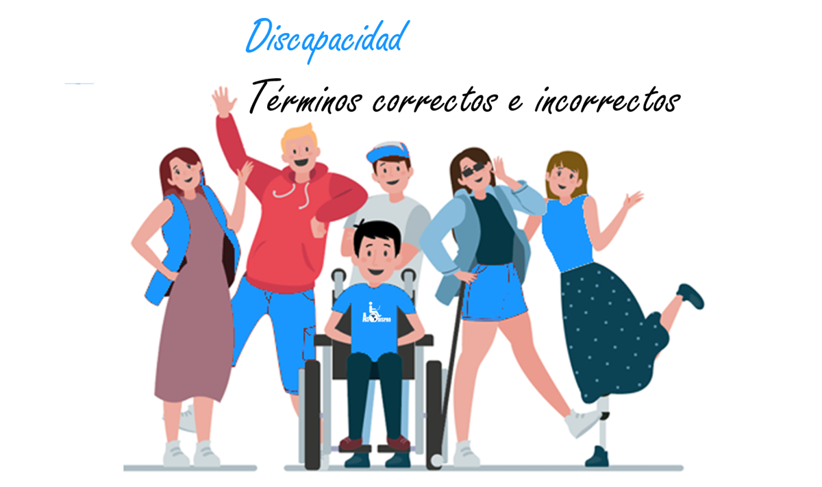 Dibujo de 5 personas con diversas discapacidades, se lee: Discapacidad, términos correctos e incorrectos. 