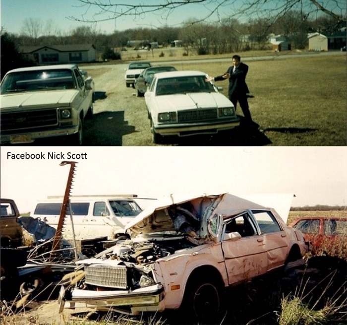 En una fotografía se observa a Scott parado frente a su automóvil, extendiendo las manos cómo presentándolo. En otra fotografía el mismo auto destrozado por el accidente.