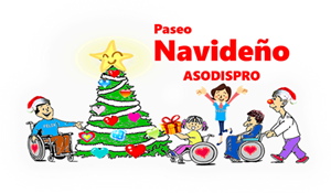 Caricatura de voluntarios y personas en silla de ruedas al rededor de un árbol navideño 