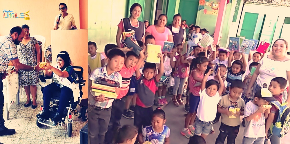 2 Fotografías, en una Yoselin Hernández recibe la donación, en otra, un grupo de niños levantan con sus manos los útiles entregados. 