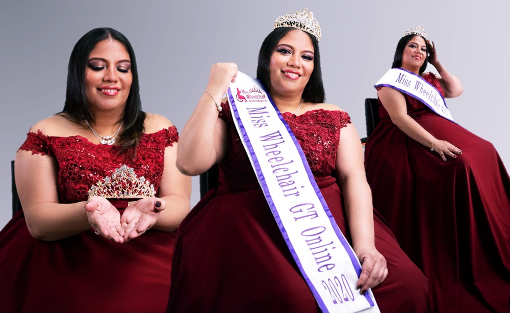 Colash de 3 fotografías de Claudia Yanira Tzin Cordón, como Miss Wheelchair Online Guatemala