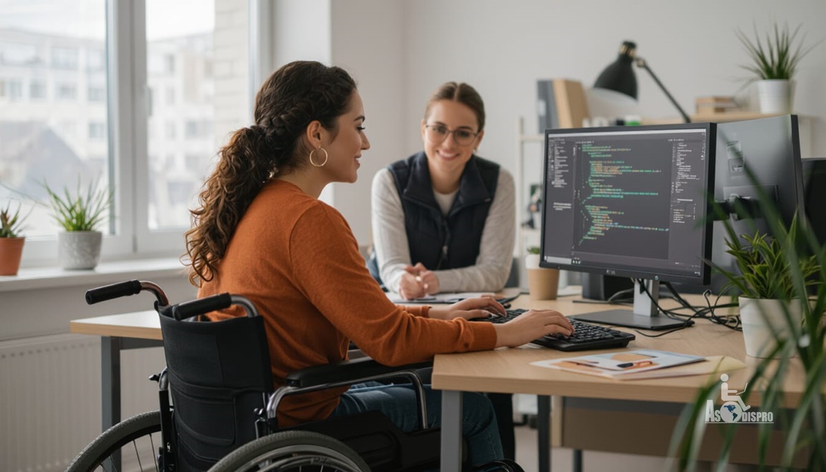 En una oficina, una chica en silla de ruedas está en un escritorio frente a una computadora, mientras conversa con una compañera de trabajo. 
