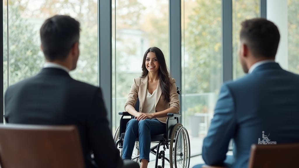 Una mujer en silla de ruedas, frente a ella 2 ejecutivos le realizan una entrevista de trabajo 