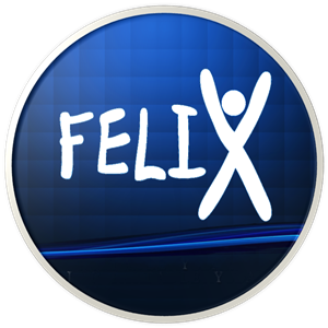 Circulo azul, letras blancas forman la palabra FELIX, la letra X tiene un circulo blanco asemejando una persona
